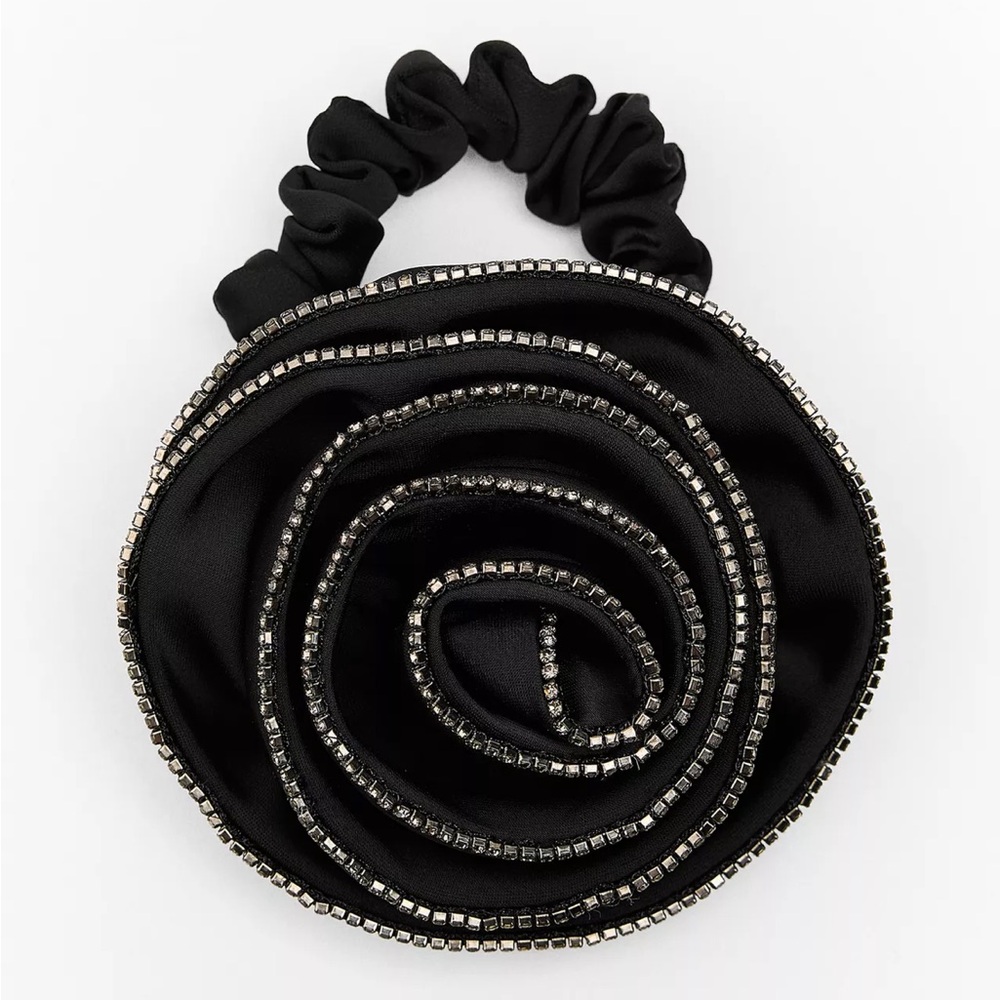 Zara Black Rose Scrunchie with Silver Rhinestone Trim